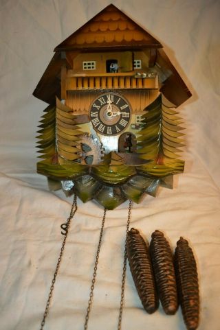 Vintage German Musical Cuckoo Clock Water Wheel Dancer 2 Song Animated 3 Weight