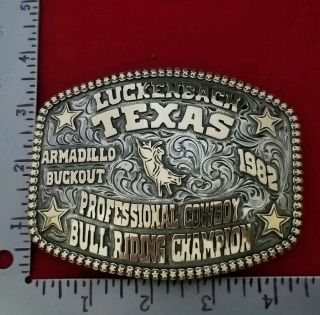 1982 RODEO TROPHY BUCKLE VINTAGE LUCKENBACH TEXAS BULL RIDING LEO SMITH 847 2
