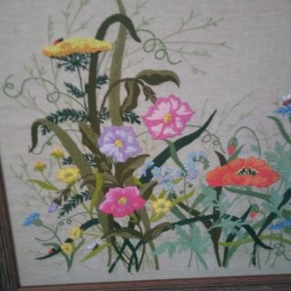 Huge 23 X 41 Vintage Framed Crewel Floral Stitched Multicolor Embroidery 3