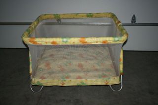 Vintage 60s 70s Baby Folding Portable Mesh Sided Playpen Play Yard
