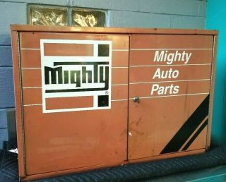 Vintage Mighty Auto Parts Advertising Hanging Floating Metal Tool Cabinet Locks
