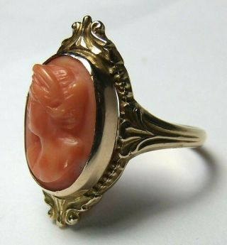 Antique Art Deco Nouveau 10k Gold Chinese Carved Cameo Salmon Coral Ring Sz 6.  5