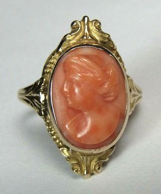 Antique Art Deco Nouveau 10k Gold Chinese Carved Cameo Salmon Coral Ring sz 6.  5 2