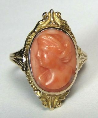 Antique Art Deco Nouveau 10k Gold Chinese Carved Cameo Salmon Coral Ring sz 6.  5 3
