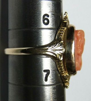 Antique Art Deco Nouveau 10k Gold Chinese Carved Cameo Salmon Coral Ring sz 6.  5 4