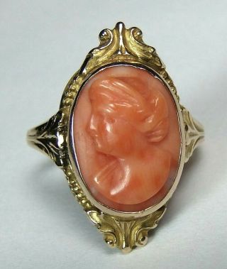 Antique Art Deco Nouveau 10k Gold Chinese Carved Cameo Salmon Coral Ring sz 6.  5 7