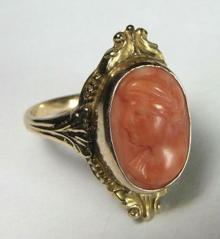 Antique Art Deco Nouveau 10k Gold Chinese Carved Cameo Salmon Coral Ring sz 6.  5 8
