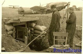 Rare Luftwaffe Airmen By Bunker On Airfield By Parked Me - 109 Fighter Plane