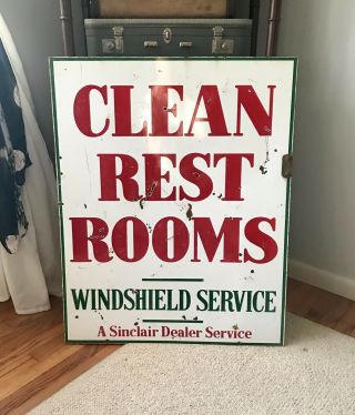 Vintage Sinclair Rest Rooms Windshield Service Porcelain Sign 2 - Sided 1959