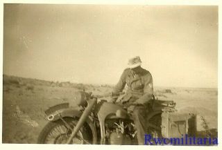 Fantastic Wehrmacht Afrika Korps Soldier Posed In Desert W/ His Motorcycle