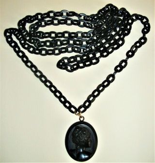 Victorian Gutta Percha Mourning Pendant Necklace With 54in Chain 1860.