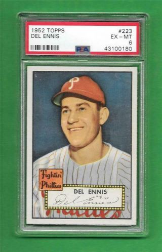 1952 Topps 223 Del Ennis Centered Psa Ex - Mt 6 Vintage Old Baseball Card