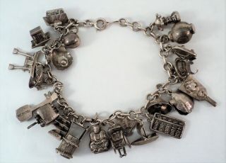 Vtg Sterling Silver Loaded Charm Bracelet Asian Theme Buddha Temple Abacus Fan