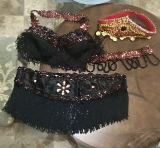 Professional Vintage - Style Black And Brown Belly Dance Bra And Belt Set