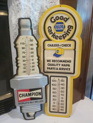 2 Plastic Thermometer Signs 24 " Champion Spark Plug & 27 " Napa Vintage & Cool