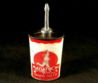 Vintag Marathon Handy Oiler Lead Top Tin Can Gas Oil Rare Old Advertising 30 - 40s