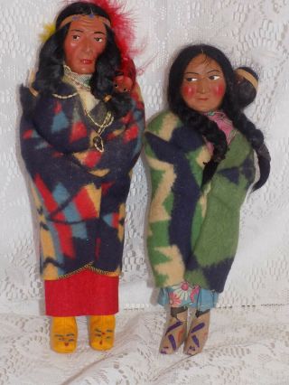 Pair Vintage Skookum Indian Dolls With Papoose Necklaces Native American Doll