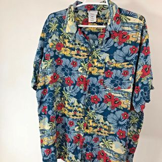 Vintage Disney Parks Hawaiian Shirt Large Floral Mickey Mouse Button Up