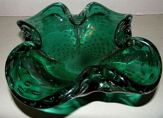 Vtg Murano Hand Blown Glass Bowl Emerald Controlled Bubbles 8 " X8 " X2 "