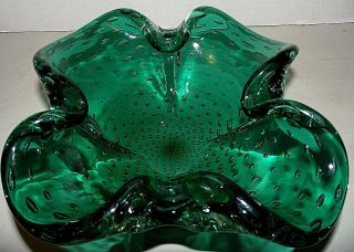 VTG Murano Hand Blown Glass Bowl Emerald Controlled Bubbles 8 