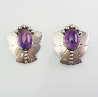 Antique Large Sterling Silver Amethyst Art Deco Clip On Earrings