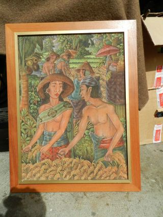 Vintage Mid - Century,  Asian Farmers,  Laos,  Cambodia,  Oil On Canvas - Period Frame