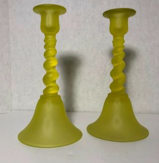 Vtg Tiffin Glass Tall Vaseline Bell Twisted Candlesticks Yellow