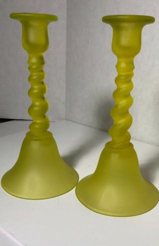 Vtg Tiffin Glass Tall Vaseline Bell Twisted Candlesticks Yellow 2
