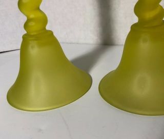 Vtg Tiffin Glass Tall Vaseline Bell Twisted Candlesticks Yellow 3