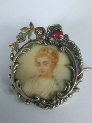 Antique Miniature Hand Painted Portrait In A Silver & Garnet Brooch