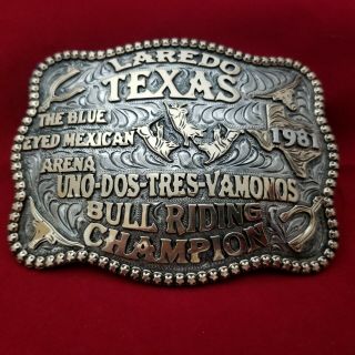 1981 Rodeo Trophy Buckle Vintage Laredo Texas Bronc Riding Cowboy Champion 645