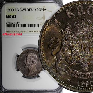 Sweden Oscar Ii Silver 1890 Eb 1 Krona Ngc Ms63 Rare Toned Km 760