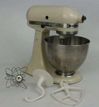 Vtg Almond Hobart Kitchenaid Mixer K45ss Stainless Steel Bowl 3 Attachments Usa