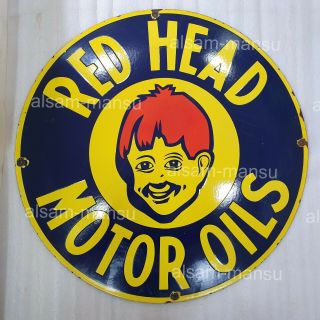 Red Head Motor Oils 30 Inches Round Vintage Enamel Sign
