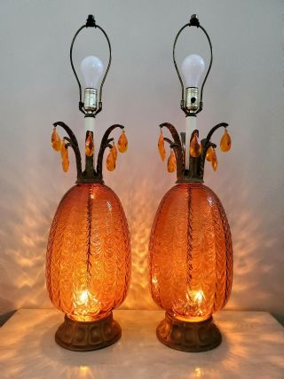 Pair Vintage Amber Glass Table Lamps Mid Century Modern Hollywood Regency