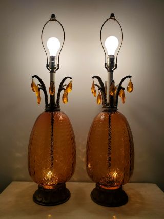 PAIR Vintage Amber Glass Table Lamps Mid Century Modern Hollywood Regency 2