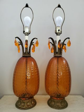 PAIR Vintage Amber Glass Table Lamps Mid Century Modern Hollywood Regency 3