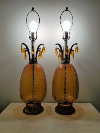 PAIR Vintage Amber Glass Table Lamps Mid Century Modern Hollywood Regency 4