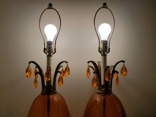 PAIR Vintage Amber Glass Table Lamps Mid Century Modern Hollywood Regency 5