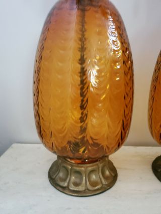 PAIR Vintage Amber Glass Table Lamps Mid Century Modern Hollywood Regency 6