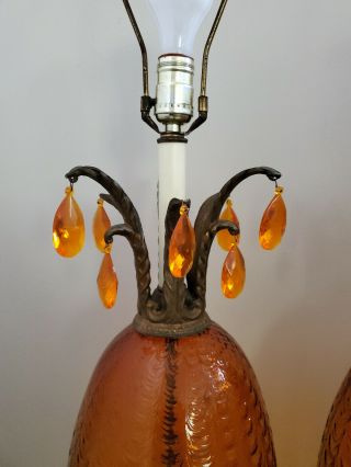 PAIR Vintage Amber Glass Table Lamps Mid Century Modern Hollywood Regency 7