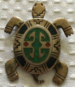 Vtg Zuni Sterling Silver Multi - Stone Turtle Inlay Pendant/pin Laconsello