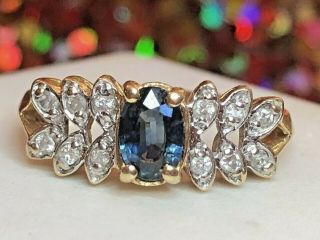 Estate Vintage 14k Gold Natural Blue Sapphire & Diamond Ring Engagement Wedding