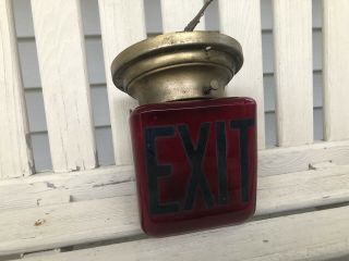 Vintage Double Sided Exit Sign Red Glass Light Art Deco Movie Theatre Man Cave 3