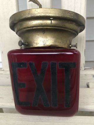 Vintage Double Sided Exit Sign Red Glass Light Art Deco Movie Theatre Man Cave 6