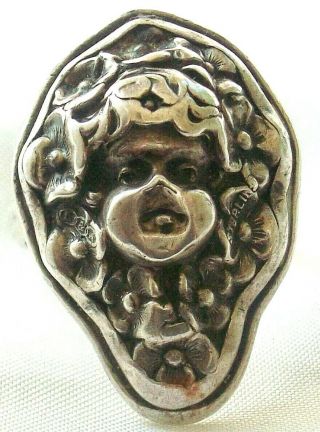 Striking Scarce Antique Art Nouveau Sterling Silver Cherub Maiden Face Ring