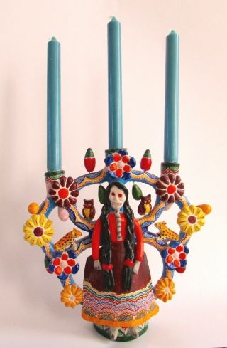 Vtg Mexican Folk Art Day Of The Dead La Llorona Tree Of Life Candelabra 10.  5 "