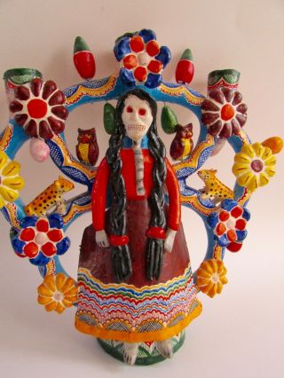 VTG Mexican Folk Art Day of the Dead La Llorona Tree of Life Candelabra 10.  5 