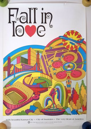 Fall In Love Kansas City 1970s Vintage Travel Poster Mid - Century Psychedelic Art