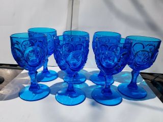 7 - Vintage Le Smith Moon And Stars Water Goblet Blue Stemmed Glass
